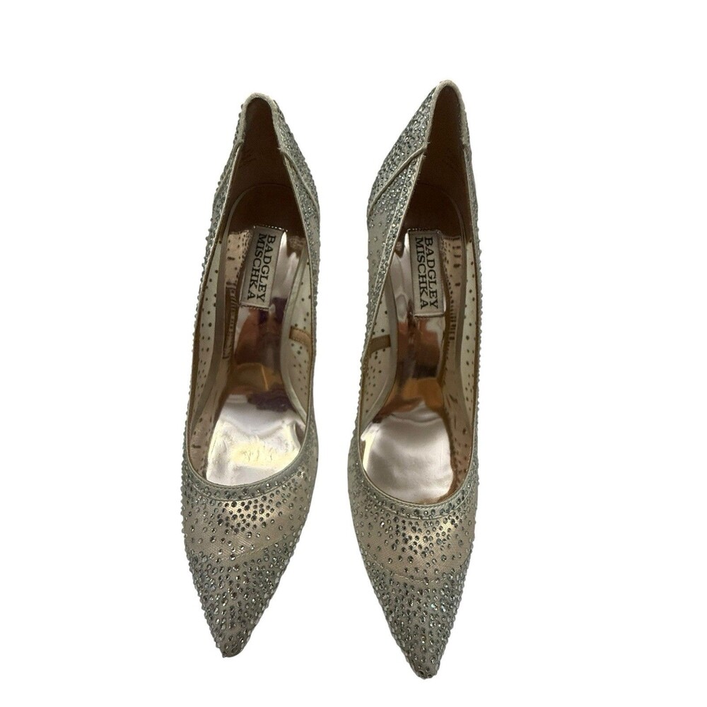 Badgley Mischka Weslee Crystal Embellished Mesh Pointed Toe Pumps Silver 6.5 - Picture 2 of 10